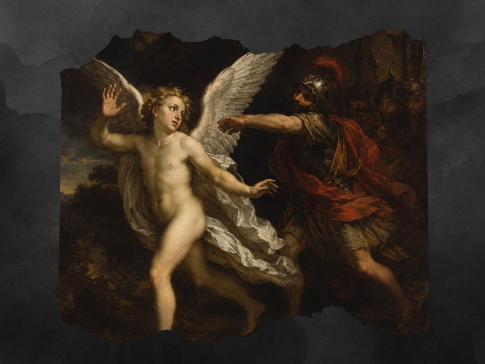 Un jeune homme angélique ailé fait face à un soldat en armure de bronze dans une scène de bataille baroque sombre, aux gestes dramatiques et à la draperie rouge.
