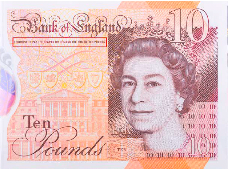 Billet de banque britannique portant « I promise to pay the bearer on demand the sum of ten pounds »