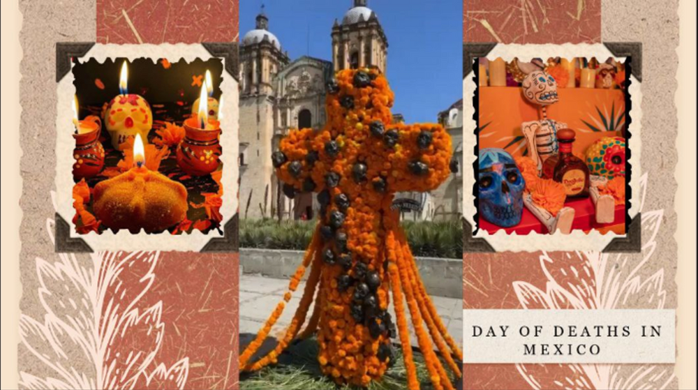 Croix de soucis orange ornée de crânes devant une cathédrale mexicaine, flanquée d’autels colorés du Jour des morts. Texte : « Day of Deaths in Mexico ».