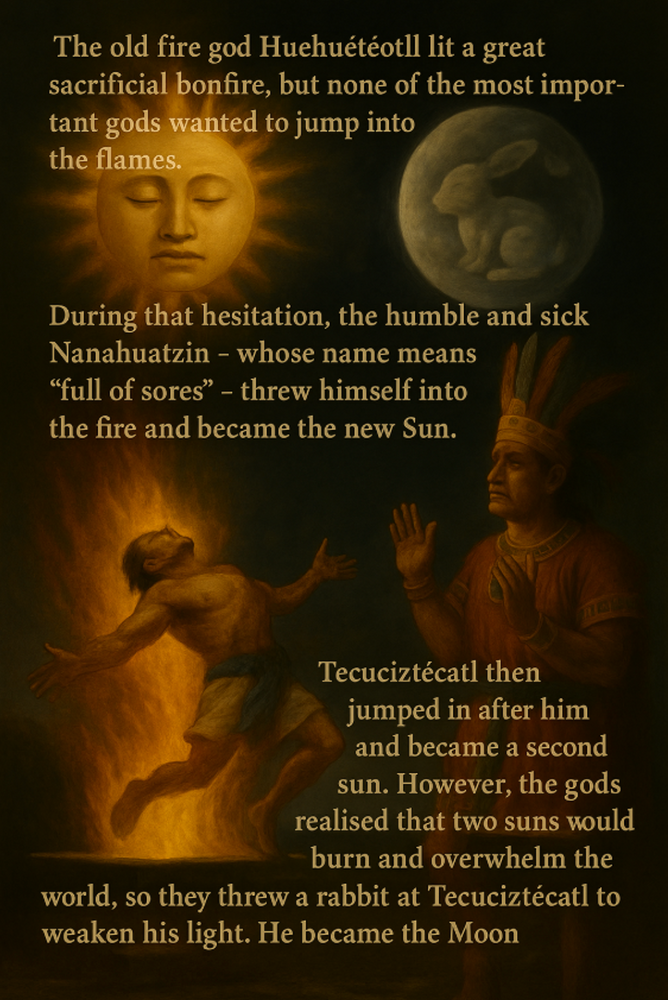 Scène mythologique avec deux figures près d’un feu, un soleil et une lune symboliques. Le texte évoque un dieu du feu, un sacrifice et une transformation.