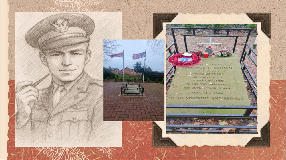Un collage d’hommage : croquis au crayon d’un pilote de la Seconde Guerre mondiale, plaque commémorative ornée d’une couronne, drapeaux et allée de jardin. Le texte honore le lieutenant Arthur L. Brown.
