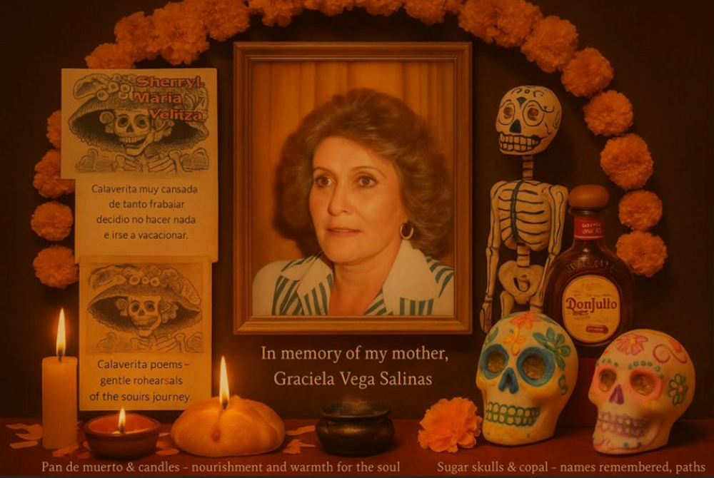 Autel orné d’un portrait, de soucis orange, de bougies, de calaveras et d’une bouteille de Don Julio. Le texte honore Graciela Vega Salinas. Thème du Jour des morts.