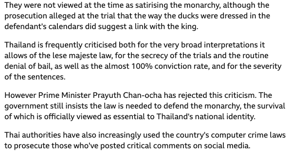 Image de texte traitant des critiques de la loi thaïlandaise de lèse-majesté et des lois sur la cybercriminalité. Mentionne la position du Premier ministre Prayuth Chan-ocha.