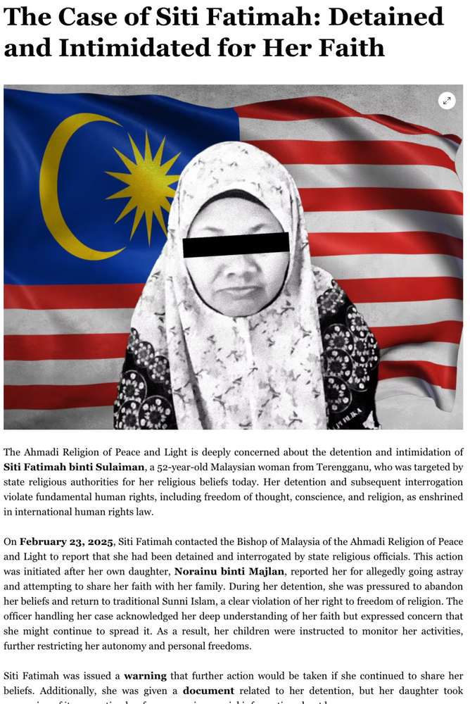 Image en noir et blanc d’une femme aux yeux masqués, sur fond de drapeau malaisien. Titre : « The Case of Siti Fatimah: Detained and Intimidated for Her Faith ».