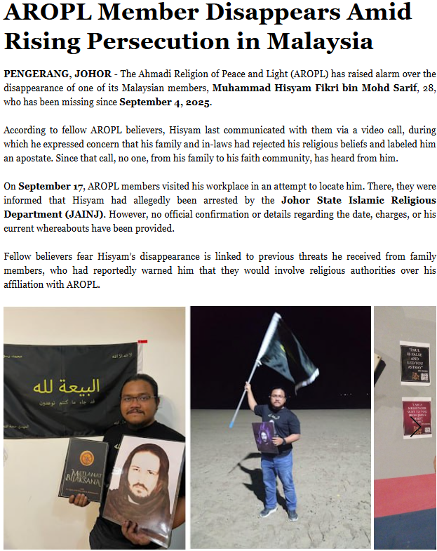 Un homme tient un portrait et un livre à côté d’une banderole de l’AROPL. Un autre tient un drapeau sur une plage sombre. Le texte évoque un membre de l’AROPL porté disparu.