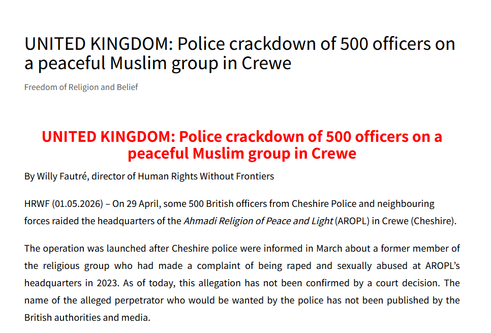 Capture d’écran d’une page web avec un titre en rouge : UNITED KINGDOM: Police crackdown of 500 officers on a peaceful Muslim group in Crewe.