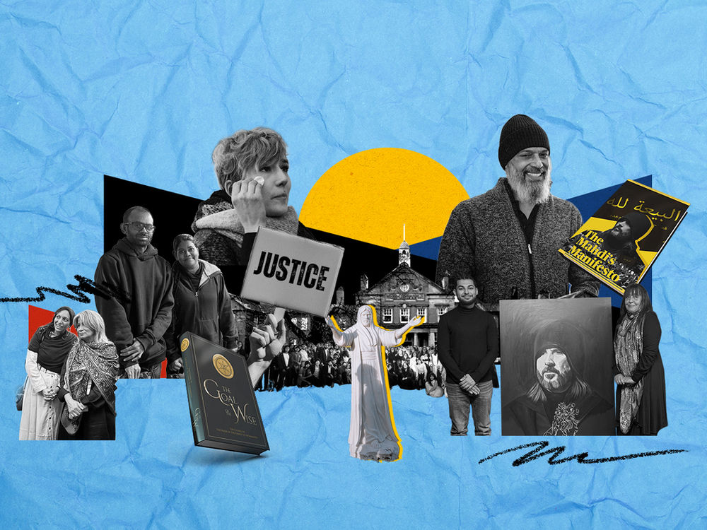 Collage de personnes venues d’horizons divers, de livres intitulés « Justice » et « The Mahdi’s Manifesto », d’une statue et d’un bâtiment, sur fond bleu et jaune.