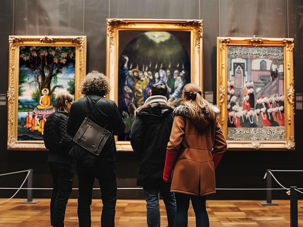 des personnes regardant des peintures des communautés des prophètes