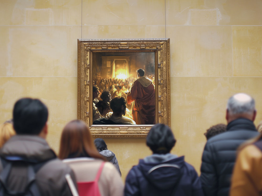 People looking at Jesus image