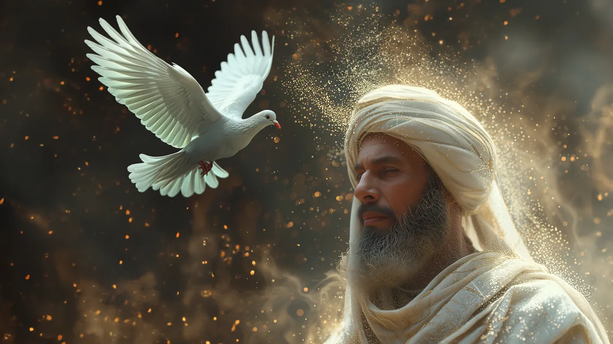 Homme barbu coiffé d’un turban blanc, vu de profil, face à une colombe blanche en vol.
