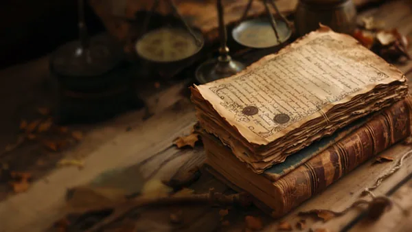 Livres anciens aux pages jaunies, posés sur une table de bois près d’une balance en laiton.