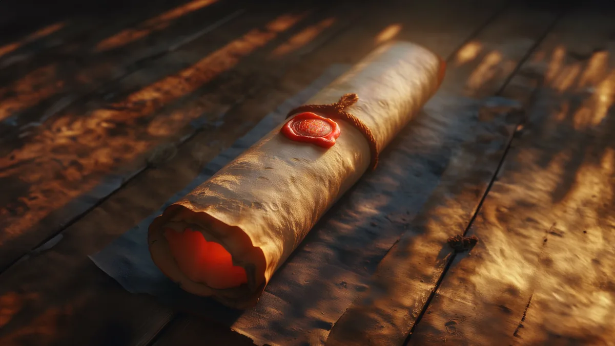 Parchemin roulé, fermé par une cordelette et un sceau de cire rouge, sur un plancher de bois éclairé par le soleil.