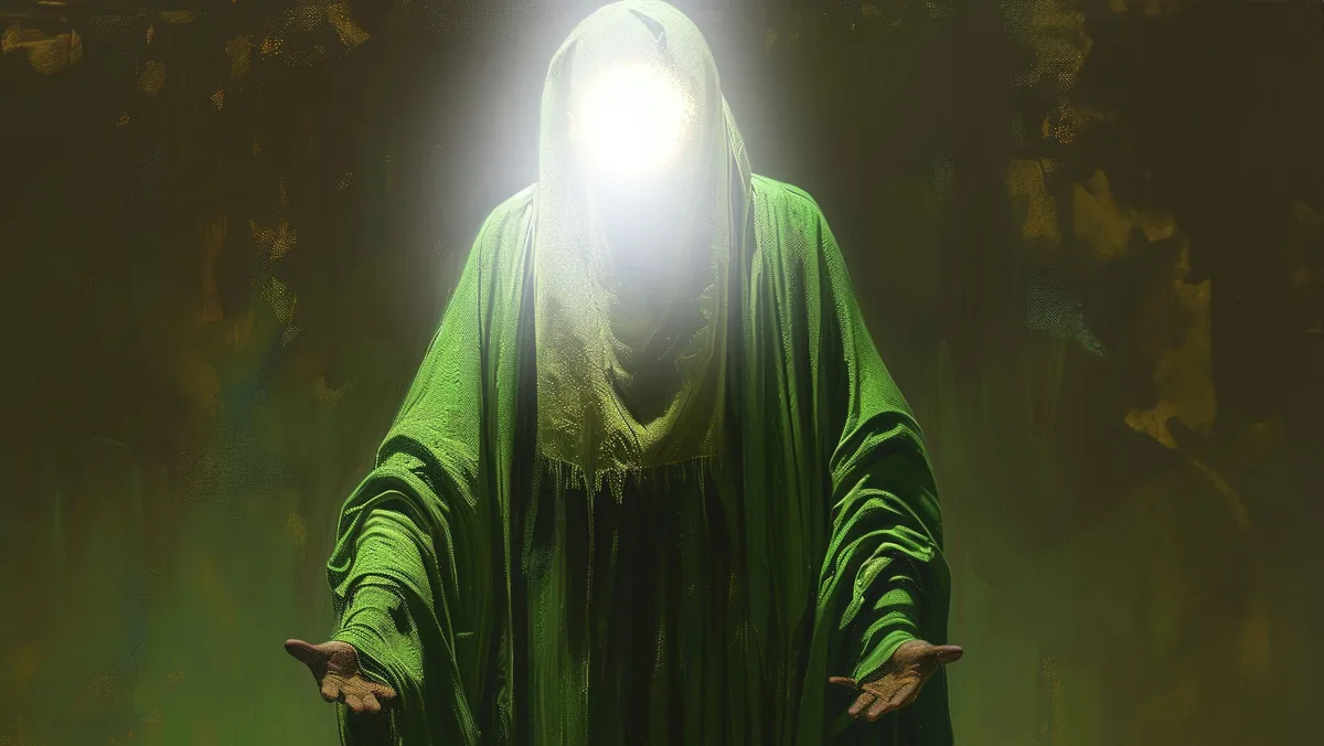 Figure vêtue d’une robe verte, le visage remplacé par une lumière éclatante, les mains ouvertes.