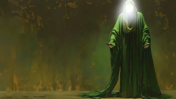 Figure vêtue d’une longue robe verte, le visage remplacé par une lumière éclatante, les mains ouvertes.
