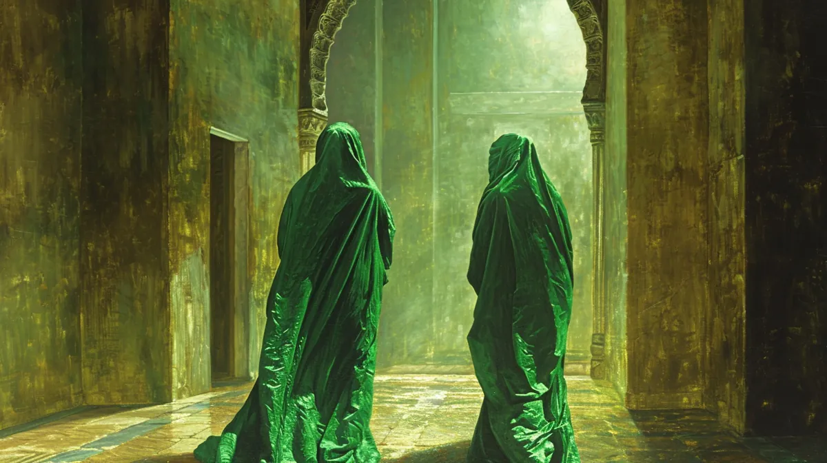 Illustration : deux silhouettes drapées de vert dans un sanctuaire baigné de lumière verte.