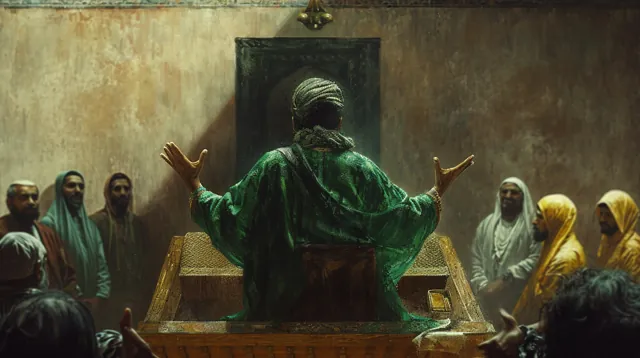 Illustration : un homme en manteau vert, bras ouverts, face à une assemblée.