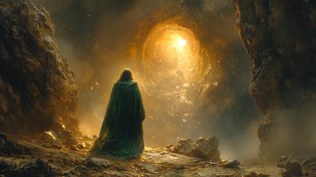 Illustration : une silhouette en manteau vert, de dos, face à l’entrée lumineuse d’une grotte.
