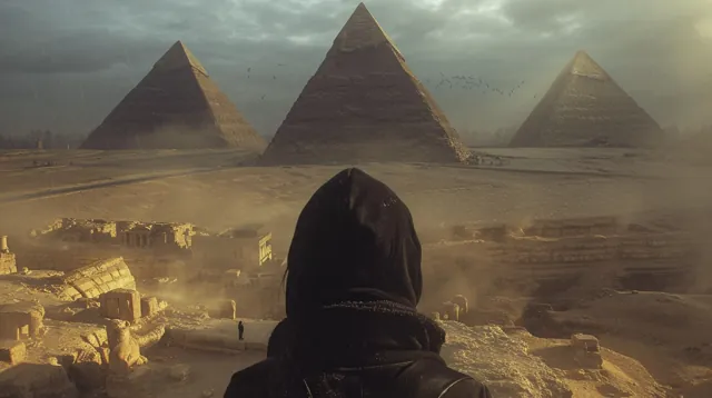 Illustration : une silhouette encapuchonnée, de dos, face aux pyramides.