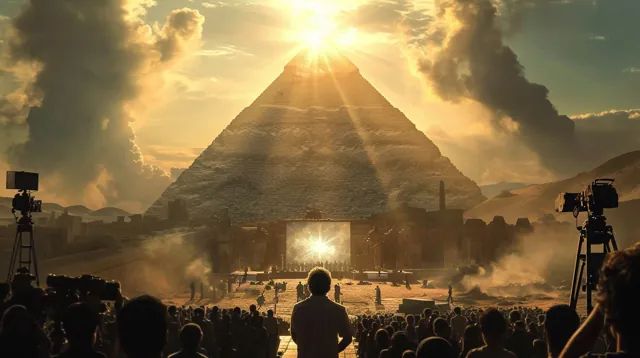 Illustration : une pyramide sous un soleil éclatant, des caméras et un écran au premier plan.