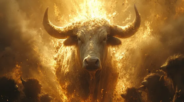 Illustration : un taureau aux cornes immenses, entouré de flammes dorées.