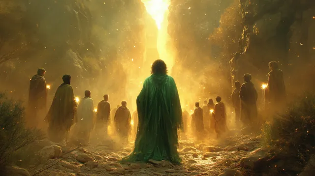 Illustration : une silhouette en manteau vert sous un rai de lumière, entourée de personnes portant des lanternes.