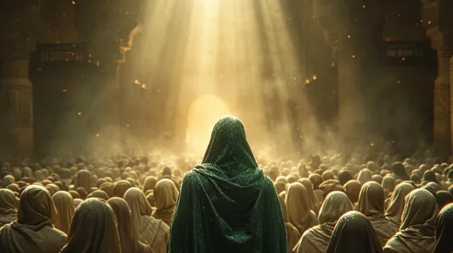 Illustration : une silhouette en manteau vert sous un faisceau de lumière, devant une foule.