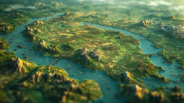 Illustration : une carte en relief d’une péninsule verdoyante entourée d’eau.
