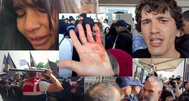 Photographies en montage : des personnes en détresse, une main tachée de sang levée, des agents et une foule.